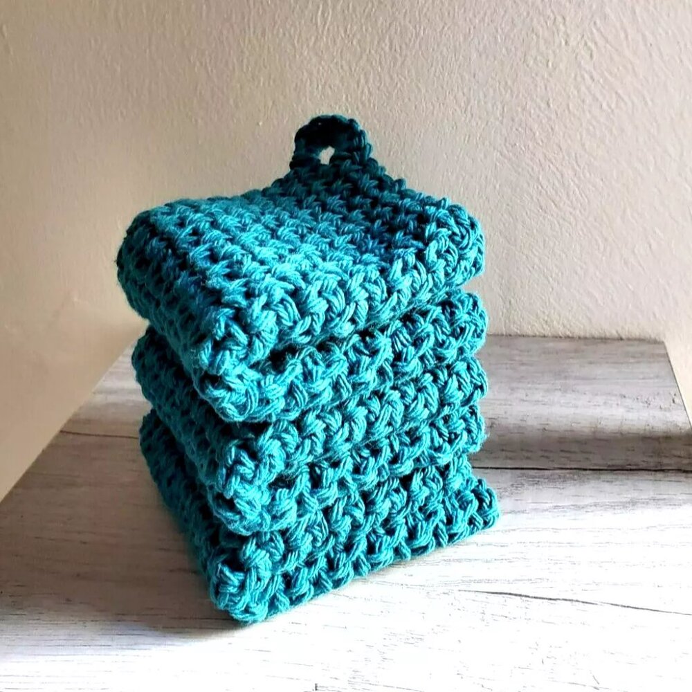 3 CROCHET DISHCLOTH WASHCLOTH 100% COTTON HANDMADE NEW TURQUOISE TEAL GIFT